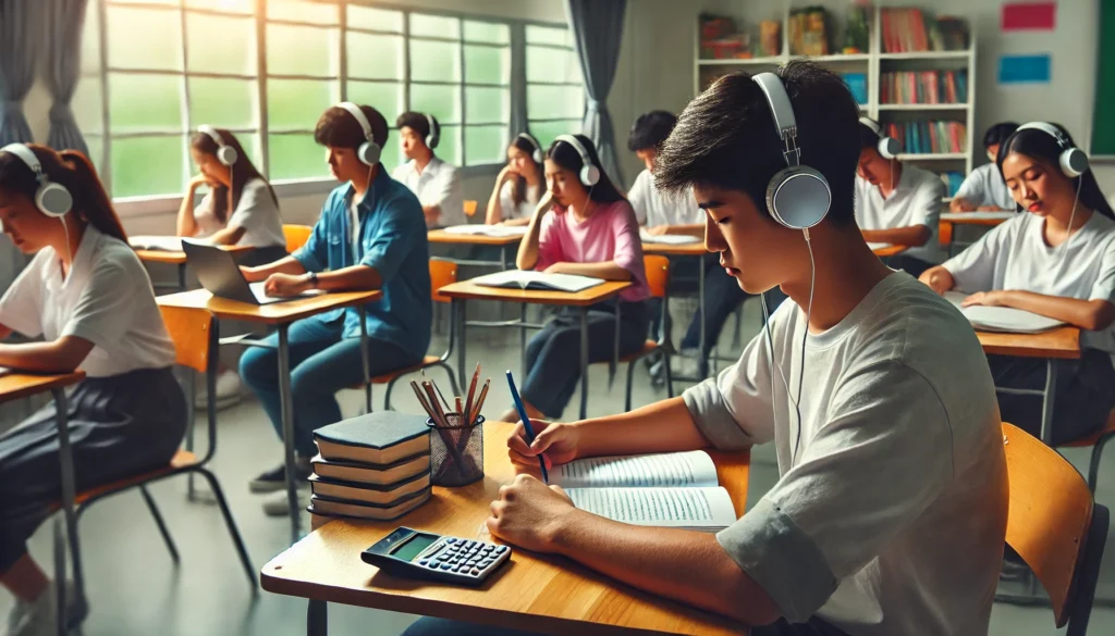 "A high school classroom where students are focused on independent study with headphones on, listening to focus music for classroom. The scene emphasizes concentration, engagement, and a productive learning environment."