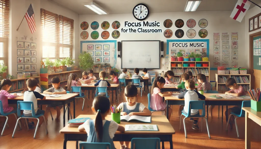 "An elementary school classroom where young students are engaged in quiet reading and writing activities while focus music for classroom plays softly. The environment is structured, calm, and conducive to learning."