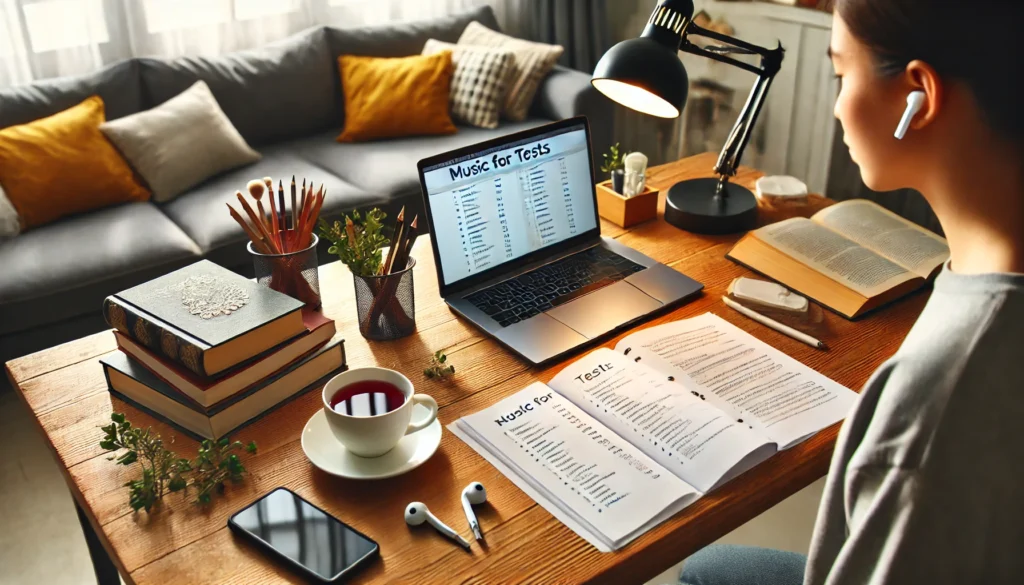 "A home study setup with a student preparing for an important test, listening to music for tests through wireless earbuds. A neatly arranged desk with a laptop, books, and a cup of tea creates a focused and calming atmosphere."