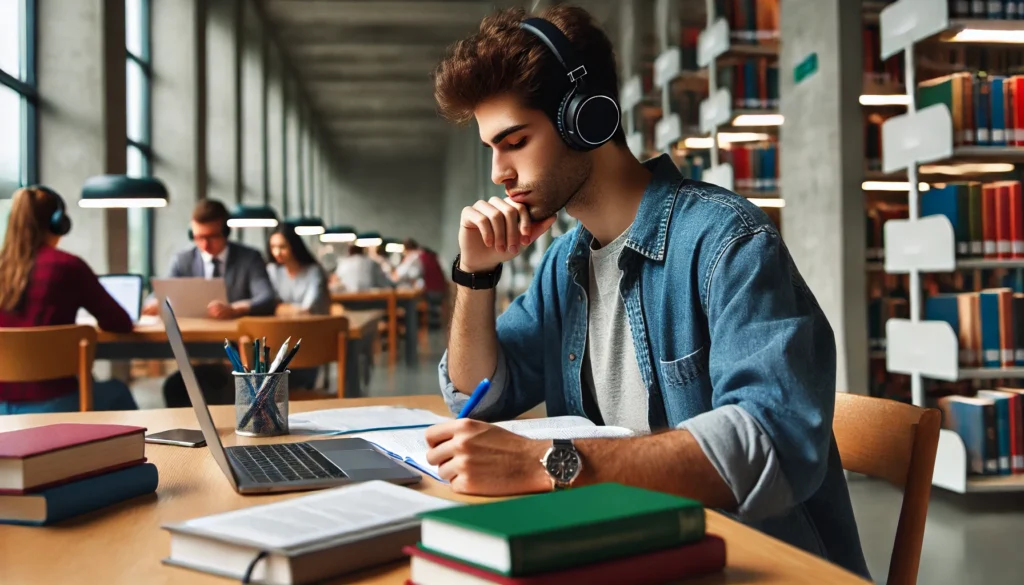 "A university student in a library, studying for exams with noise-canceling headphones while listening to focus-enhancing music for tests. The well-organized workspace includes books, notes, and a laptop."