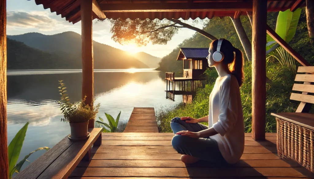 "A tranquil outdoor setting with a person sitting on a wooden deck overlooking a lake, wearing headphones and listening to music for the brain to relax. The scene is bathed in soft sunset light, enhancing the peaceful and mindful atmosphere."