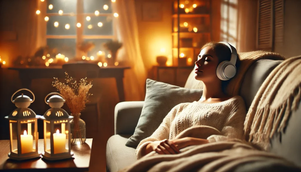 "A cozy living room setting with a person lying on a couch with closed eyes, wearing wireless headphones and listening to music for the brain to relax. Soft lighting and a warm blanket create a serene and stress-free environment."