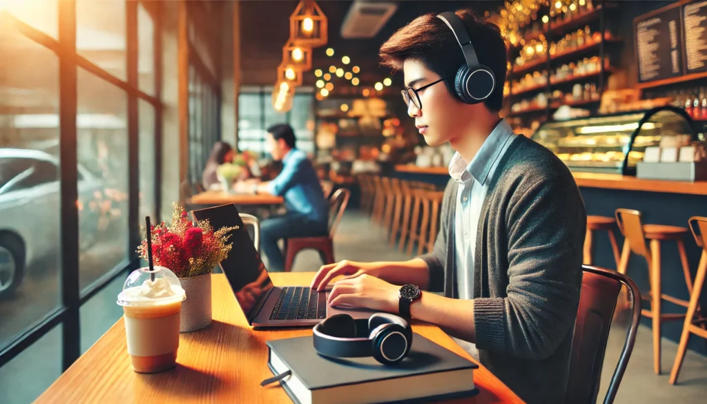 "A modern coffee shop setting where a student is sitting at a table, wearing headphones, and listening to study music while working on a laptop. The background has a blurred cafe ambiance with warm lighting, creating a relaxed and productive atmosphere."