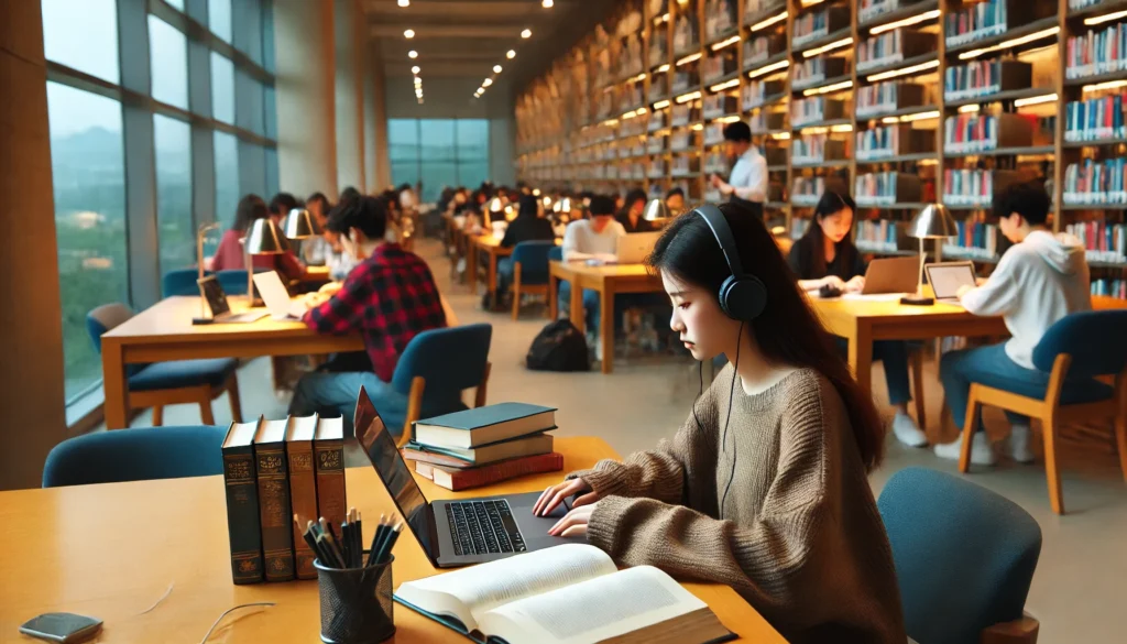 "A quiet library environment where students are seated at desks, wearing headphones, and listening to study music while reading books and using laptops. The background features bookshelves, and the atmosphere is well-lit and focused."