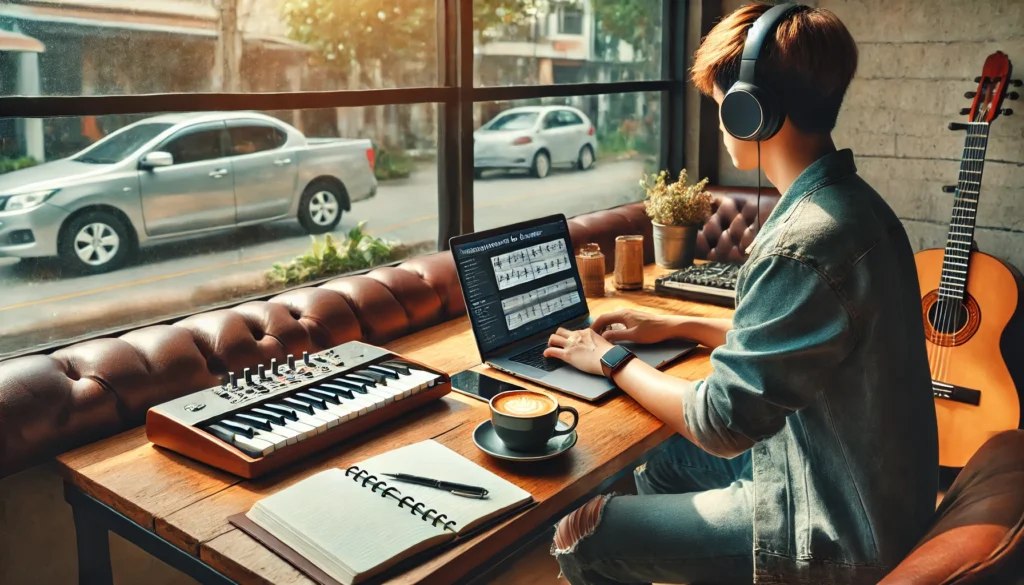 A relaxing coffee shop environment where a student is studying while listening to instrumental music through high-quality headphones.