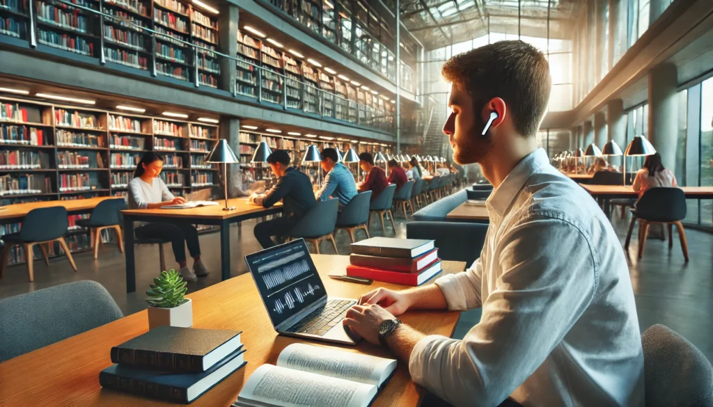 A modern library setting with students studying in a quiet atmosphere, listening to instrumental music through wireless earbuds.