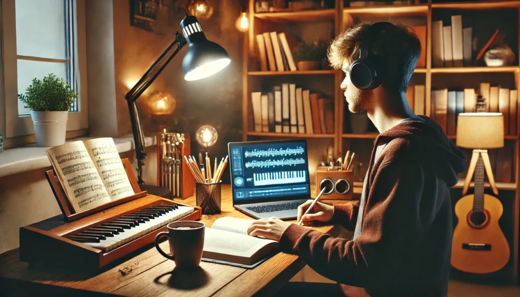 A cozy home study setup with a student listening to instrumental music, featuring a wooden desk, a laptop, a warm cup of coffee, and a glowing desk lamp.
