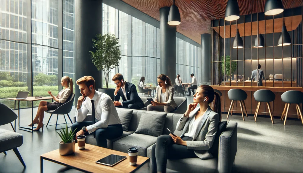 Contemporary Office Lounge – Professionals taking a break while listening to soothing music through wireless earbuds in a stylish, stress-free office lounge.