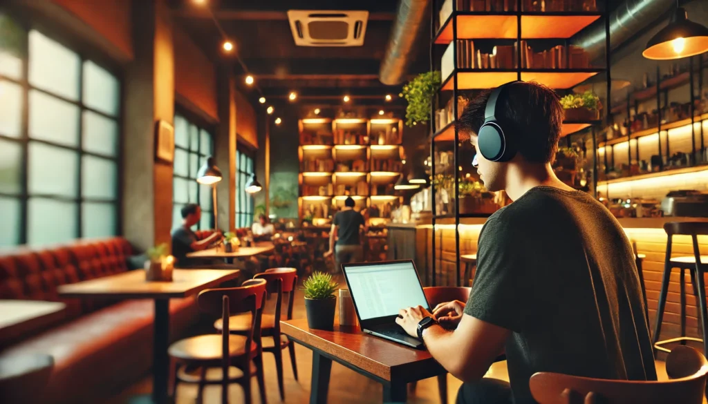 Peaceful Coffee Shop Environment – A remote worker using noise-canceling headphones while working on a laptop, surrounded by warm lighting and cozy decor.
