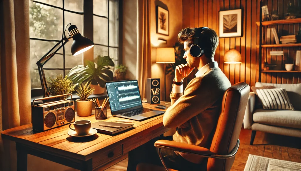 Cozy Home Office Setup – A professional working at a desk with high-quality headphones, a warmly lit room, wooden furniture, and a clutter-free workspace.