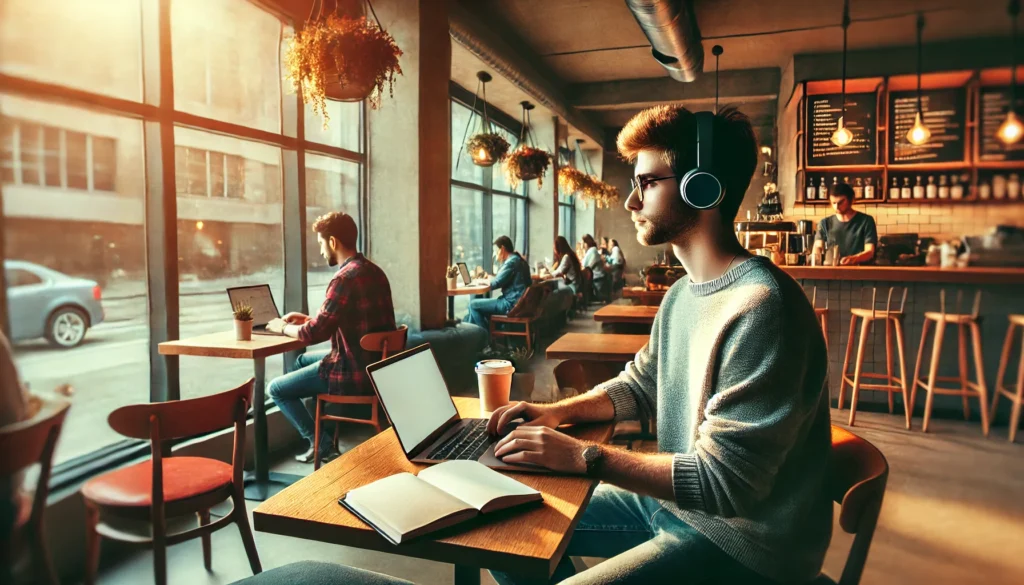 Modern Coffee Shop Study Spot – A student by a window in a cozy café, enjoying peaceful study music while working on a laptop with coffee and a notebook.