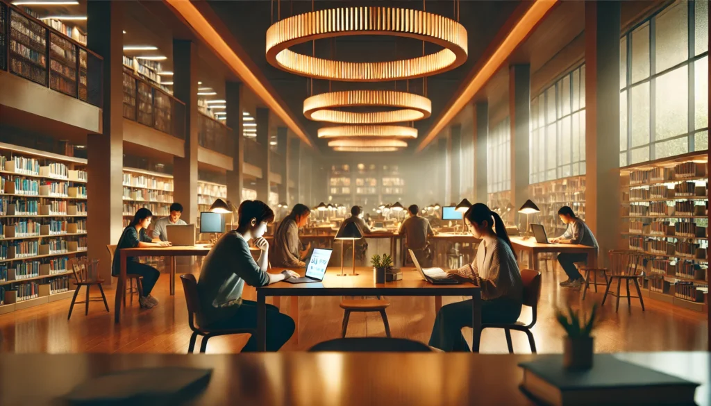Tranquil Library Study Space – Students quietly working in a warm-lit library, listening to calming study music while surrounded by bookshelves.