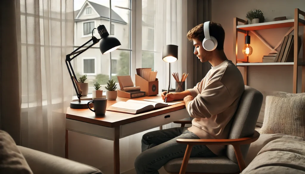 Cozy Home Study Setup – A student sitting comfortably with headphones, studying in a well-lit home workspace with coffee and an open notebook.