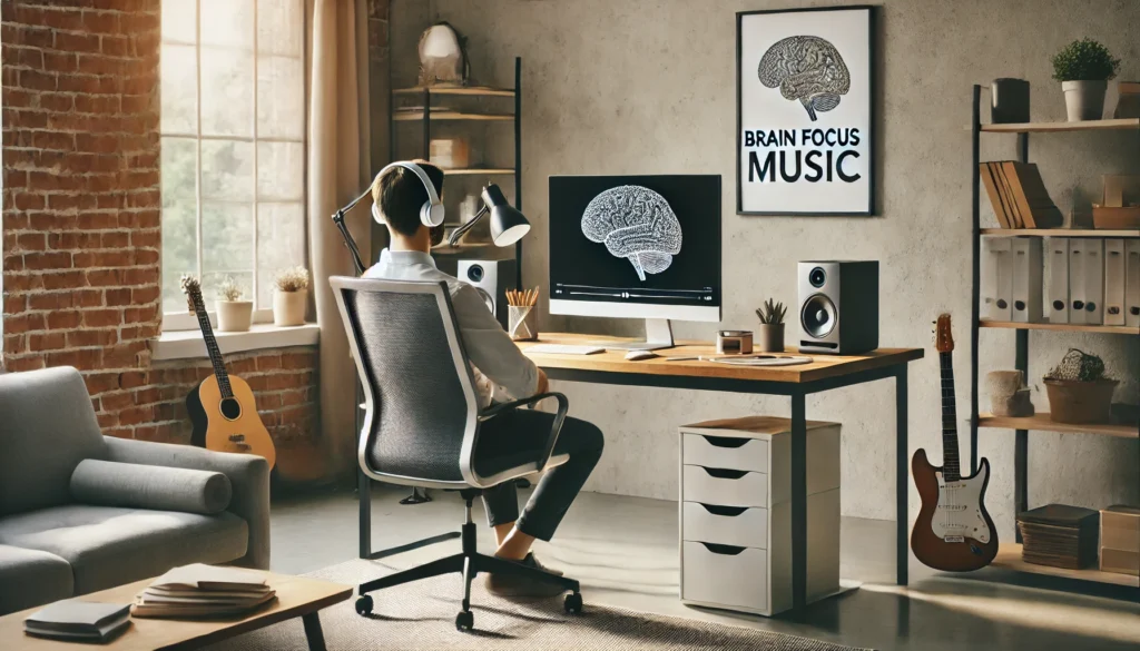 Peaceful Home Office – A minimalist workspace with a professional using brain focus music to enhance productivity.