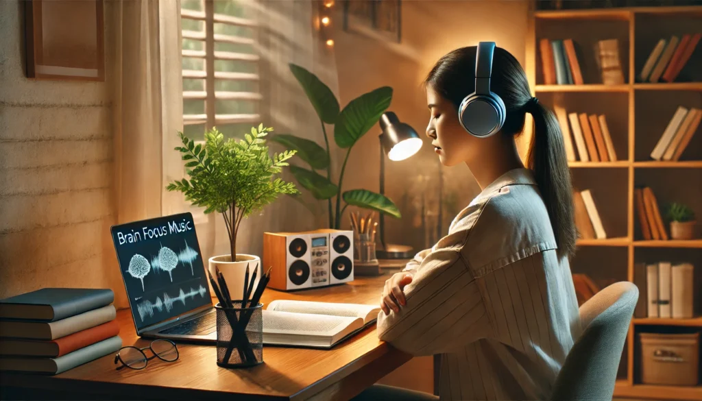 Serene Study Environment – A student listening to brain focus music in a softly lit, well-organized study space.