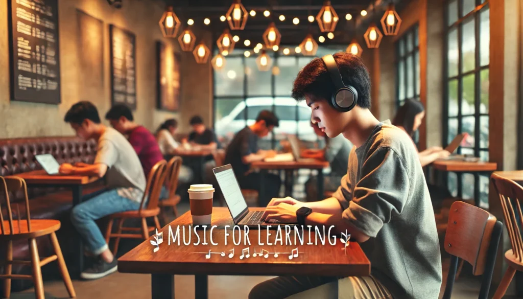 Peaceful Coffee Shop – A student working on a laptop while wearing headphones in a warm, relaxed coffee shop setting, with others quietly studying or reading.