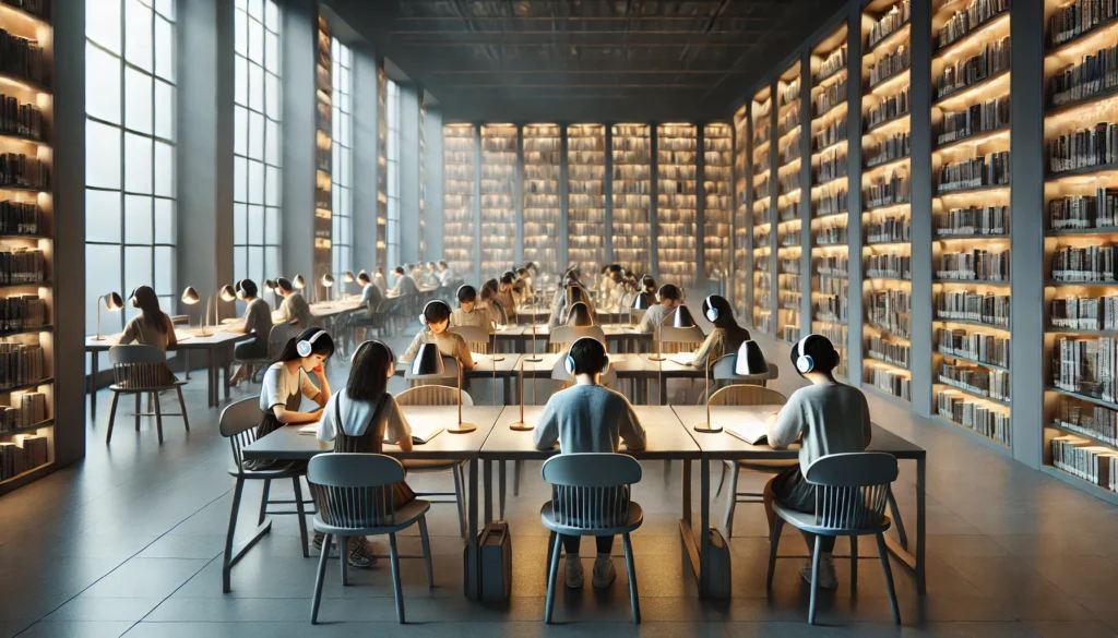 Quiet Library Setting – Students at individual desks in a peaceful library, each listening to music through headphones, surrounded by tall bookshelves.