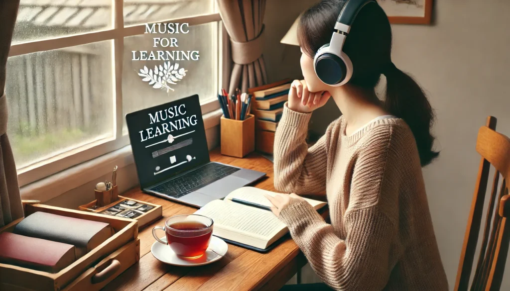Cozy Home Study Space – A student sitting by a window, wearing headphones and listening to music while studying at a wooden desk with an open notebook, laptop, and tea.