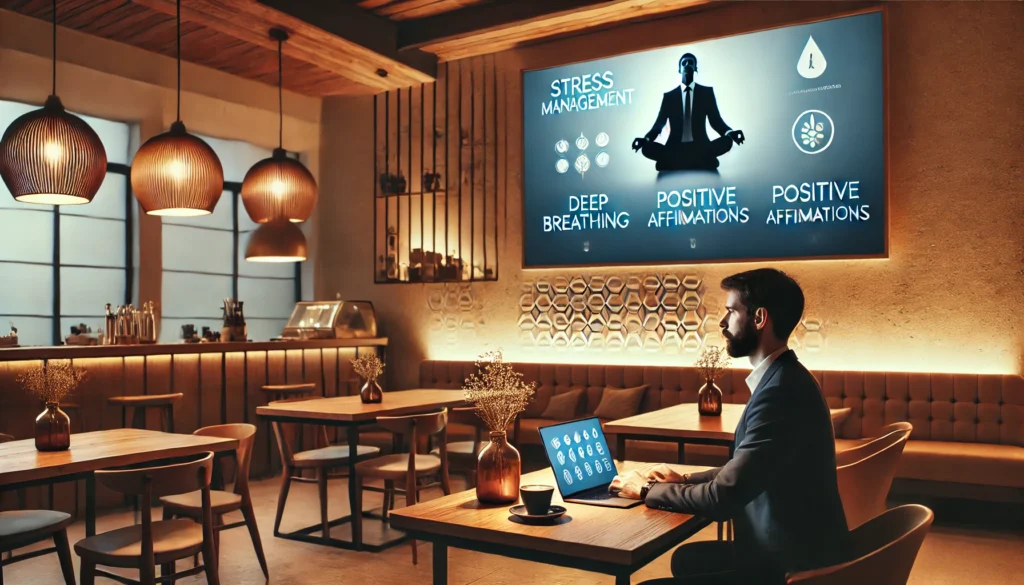 A modern coffee shop with a professional working on a laptop, illustrating stress management sentence examples by incorporating mindful work practices in a stress-free environment.