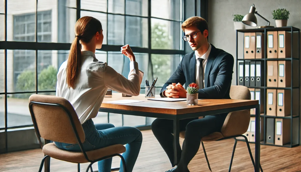 A professional interview scenario where a candidate is handling a high-pressure question with confidence. The interviewer is testing the candidate’s response, creating a challenging yet professional atmosphere. The office has a modern aesthetic with natural lighting and contemporary furniture.