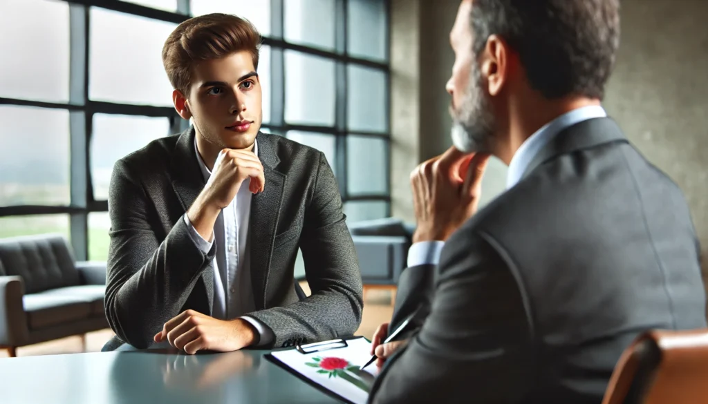 A candidate in a modern office setting answering a stress interview question with confidence. The interviewer appears skeptical, testing the candidate’s composure. The office has a professional yet slightly tense atmosphere, with sleek furniture and a bright ambiance.