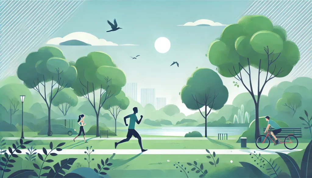 "A tranquil park setting where a person is engaging in physical exercise, such as jogging or yoga, as a healthy coping strategy for emotional stress. The environment is peaceful with lush greenery, a clear sky, and birds in the background."