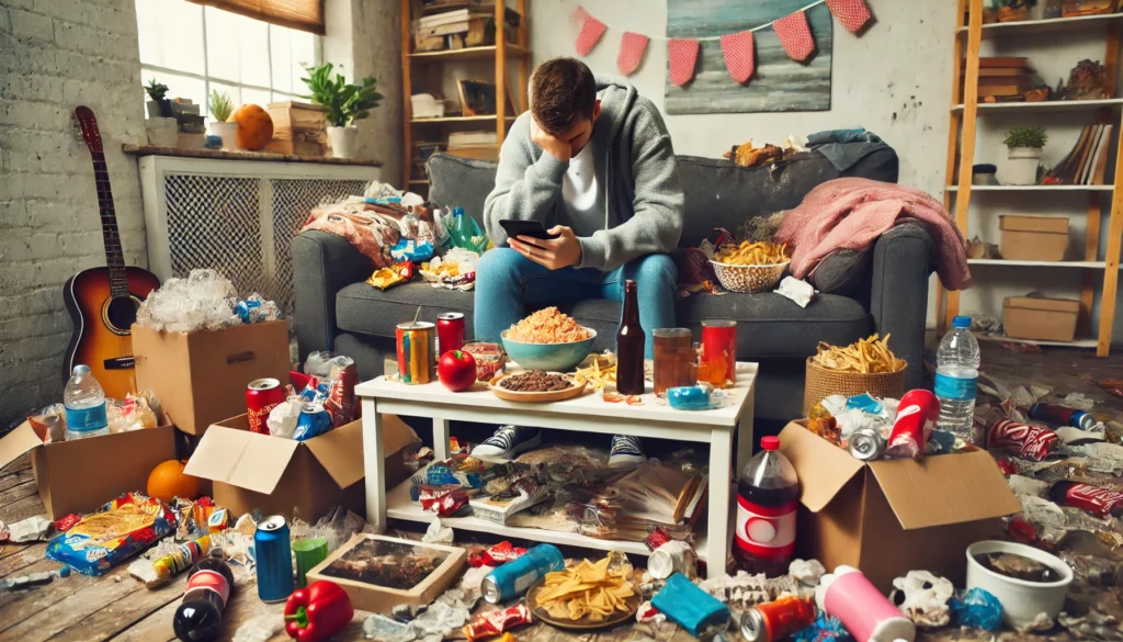 "A cluttered and chaotic home setting where a person is coping with emotional stress using unhealthy strategies. The individual is sitting on a couch, surrounded by junk food, an unclean environment, and excessive screen time, looking overwhelmed and emotionally drained."