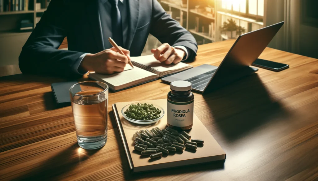 "A student taking Rhodiola Rosea capsules at a neatly arranged study desk with a notebook, laptop, and glass of water, emphasizing cognitive enhancement and stress reduction through nootropic supplements."