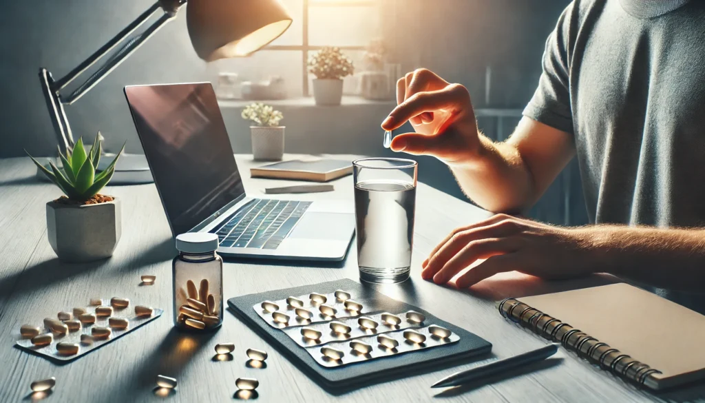 "A person taking a nootropic supplement capsule with a glass of water at a minimalist, modern workspace featuring a laptop, notebook, and soft-lit background, emphasizing focus and productivity."