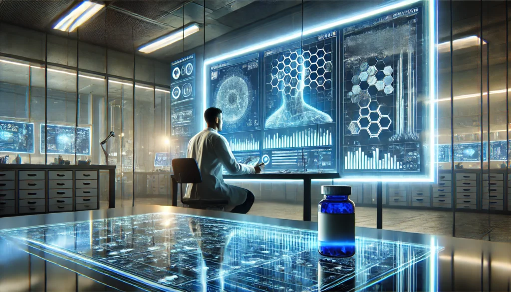 A biohacker in a futuristic lab setting analyzing data on a transparent digital screen while experimenting with nootropic supplements, in a sleek, modern environment illuminated with a cool blue glow."