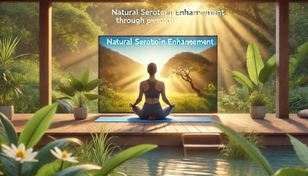A person practicing yoga outdoors in the morning sunlight, surrounded by lush greenery and soft golden light, symbolizing natural serotonin enhancement through physical activity and mindfulness.