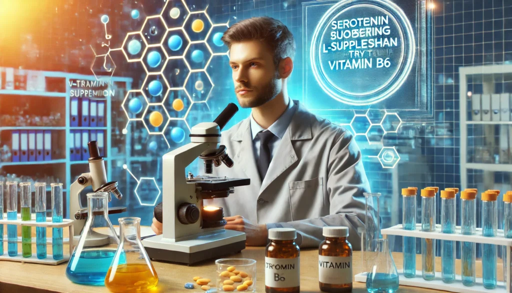 "A scientist in a laboratory analyzing serotonin-boosting supplements, such as L-Tryptophan and Vitamin B6, using a microscope, surrounded by lab equipment and a digital display representing neurotransmitter research."