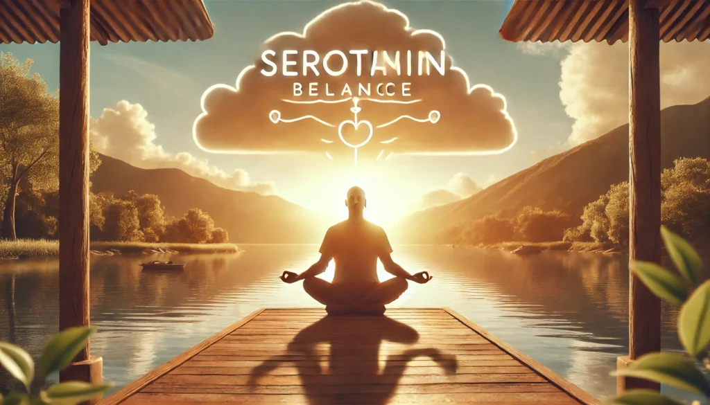 "A person meditating outdoors near a calm lake, bathed in warm sunlight, symbolizing serotonin balance through mindfulness and relaxation in a peaceful natural setting."
