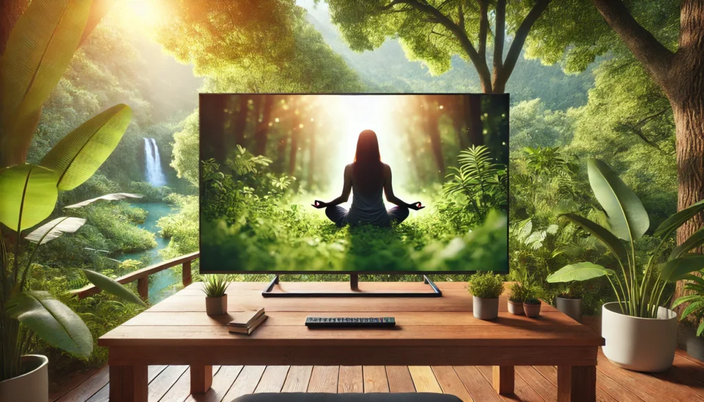 A person practicing meditation outdoors – a peaceful scene in nature, promoting mindfulness and mental clarity, with lush greenery and soft sunlight.