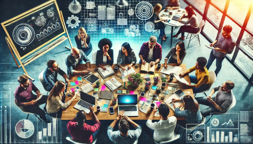 A collaborative creative session – diverse individuals gathered around a table brainstorming ideas with sketchpads, laptops, sticky notes, and creative tools, emphasizing teamwork and innovation.