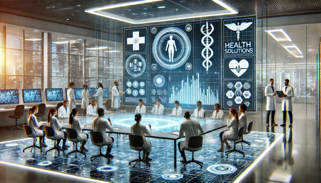 A futuristic wellness lab with cutting-edge technology, holographic health data displays, and a team of researchers innovating in health and wellness."