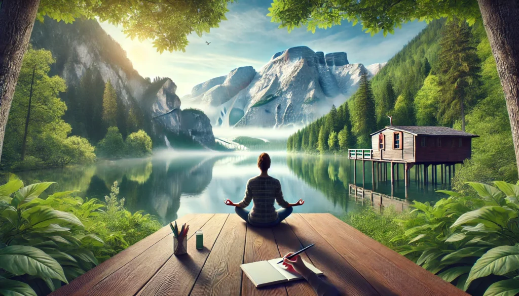 A serene natural environment where a person practices creative mindfulness, meditating near a tranquil lake with a notebook and pen, inspiring reflective and innovative thinking."