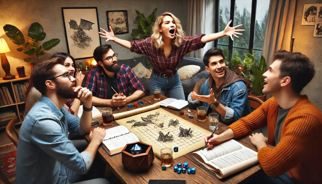 Group of friends enjoying a storytelling and role-playing game, enhancing imagination and narrative skills.