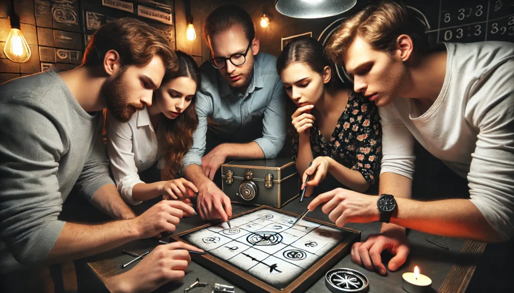 Teamwork in an escape room challenge, fostering problem-solving and cognitive flexibility through creative puzzles.