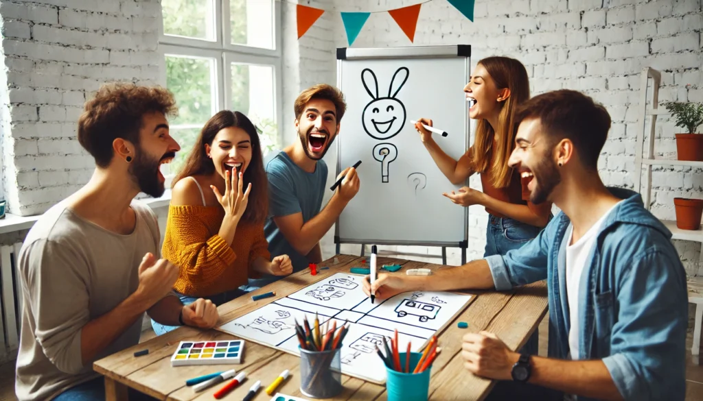"Group of friends engaged in a visual creativity game, enhancing artistic expression and quick-thinking skills