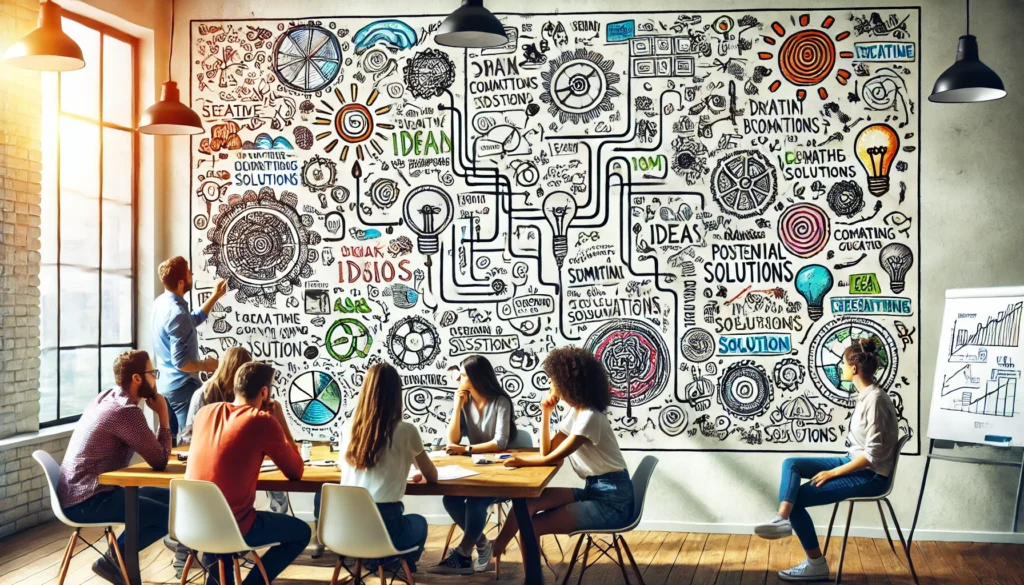 Creative brainstorming session with a mind map, fostering innovation and problem-solving through visual thinking.