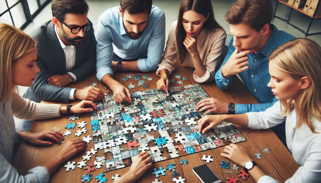 Team collaborating on a complex puzzle, enhancing problem-solving abilities and logical thinking.
