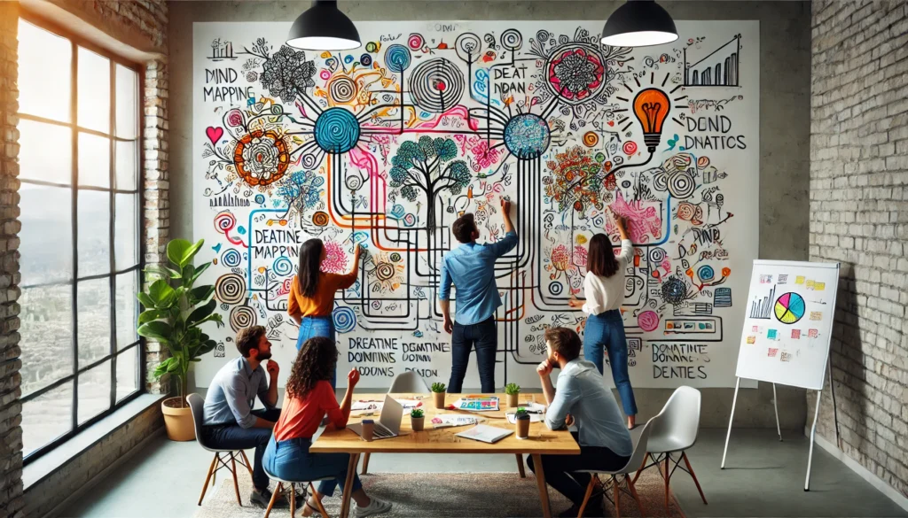 Team collaborating on a mind mapping session, visually organizing and developing innovative concepts."
