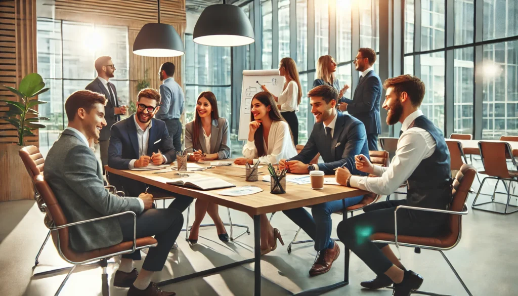 Professionals participating in a role-playing exercise, enhancing creative problem-solving and teamwork in a modern conference room."
