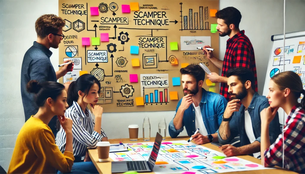 "Team using the SCAMPER technique to refine and develop innovative ideas, fostering structured creativity and brainstorming."