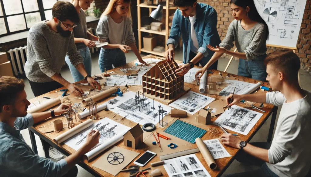 Designers engaged in rapid prototyping, transforming ideas into tangible models for iterative design thinking."