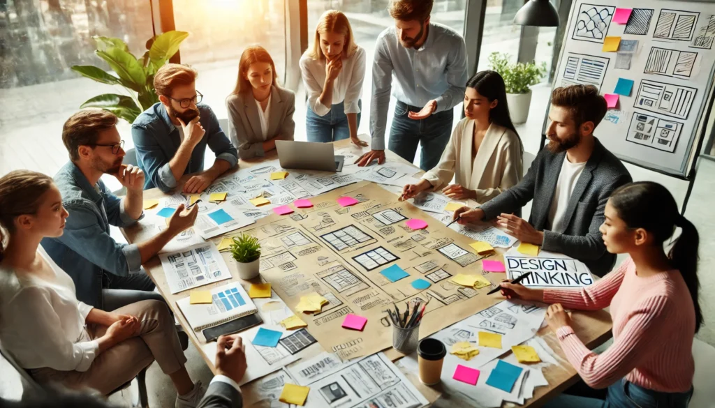 "Design thinking workshop with professionals brainstorming, prototyping, and refining ideas for innovative solutions.