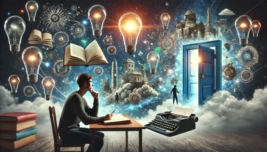 "Young writer immersed in imagination, surrounded by floating creative ideas that inspire storytelling."