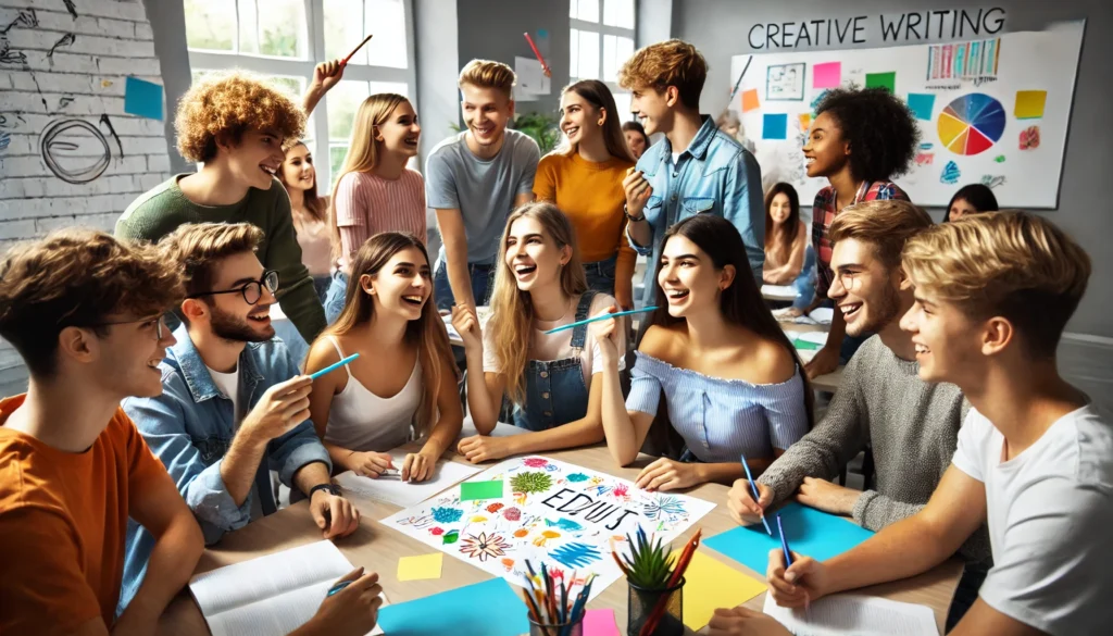 "Students participating in a lively creative writing exercise, exploring storytelling and imaginative thinking."