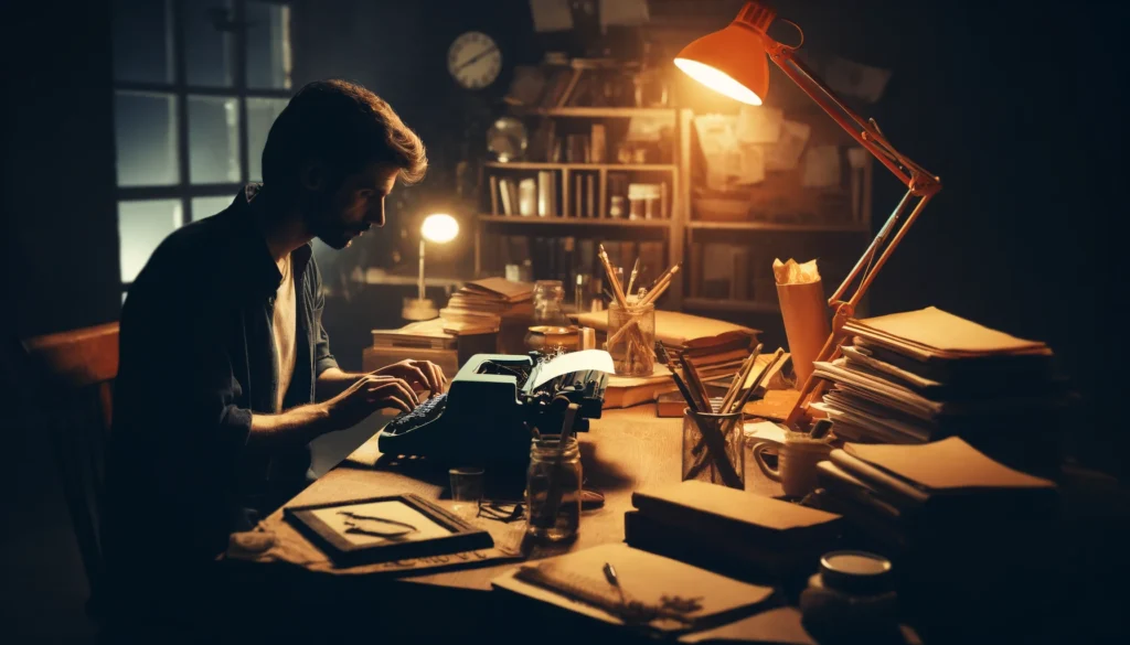 "Writer deeply inspired, working late at a vintage typewriter, surrounded by books and creative notes."